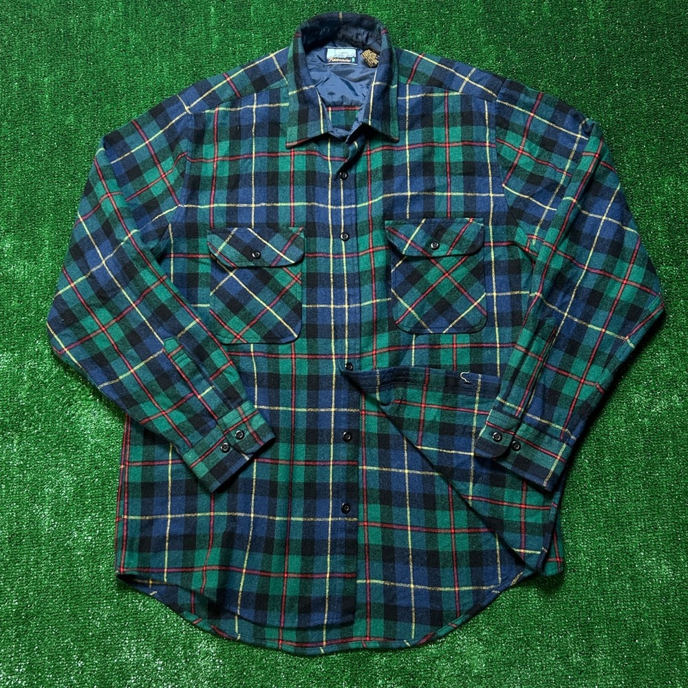 Fieldmaster Vintage Wool Blend Plaid Flannel Shirt Green Blue Tall L